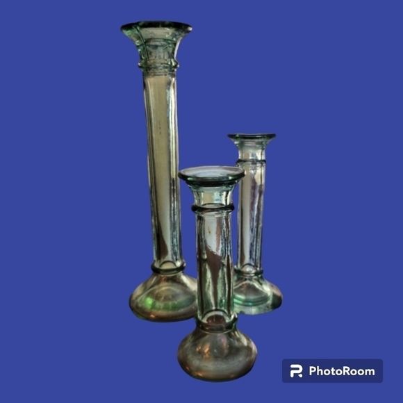 VTG Contemporary Recycled Green Glass Candlestick Holders Bud Vases Set - Picture 1 of 9